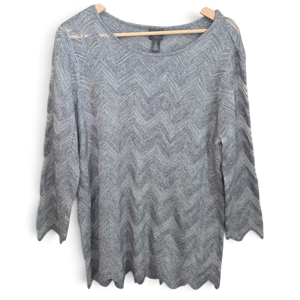 Chicos Travelers Sweater Womens 2 Large L Gray Chevron Zig Zag Knit 3/4 Sleeve